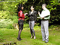 Horny chicks and a guy enjoy peeing on each other