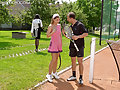 Sexy tennis playing girls pissed on by horny dude